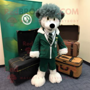 Forest Green Shepard'S Pie mascot costume character dressed with a Suit Jacket and Wallets