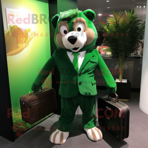 Forest Green Shepard'S Pie mascot costume character dressed with a Suit Jacket and Wallets