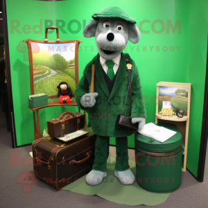 Forest Green Shepard'S Pie mascot costume character dressed with a Suit Jacket and Wallets
