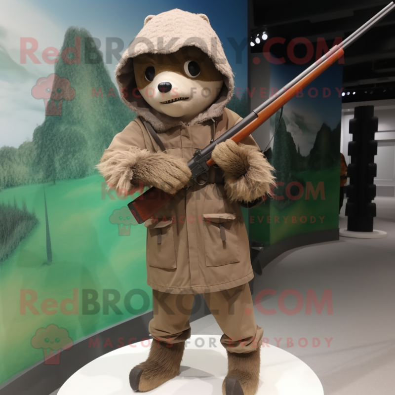 nan Sniper mascot costume character dressed with a Corduroy Pants and Shawl pins nan Sniper mascot costume character dressed with a Corduroy Pants and Shawl pins