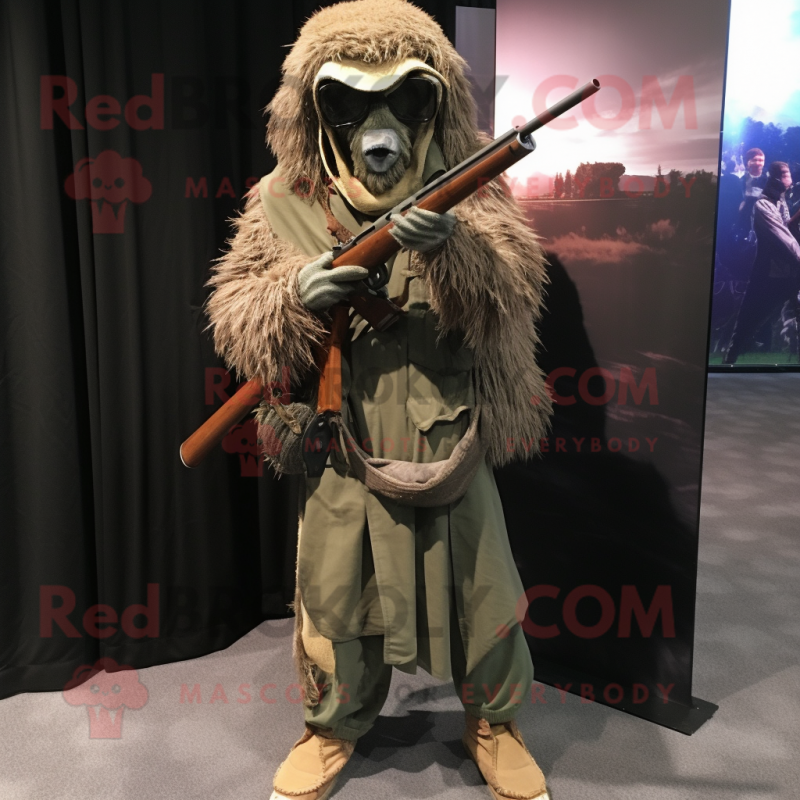 nan Sniper mascot costume character dressed with a Corduroy Pants and Shawl pins nan Sniper mascot costume character dressed with a Corduroy Pants and Shawl pins