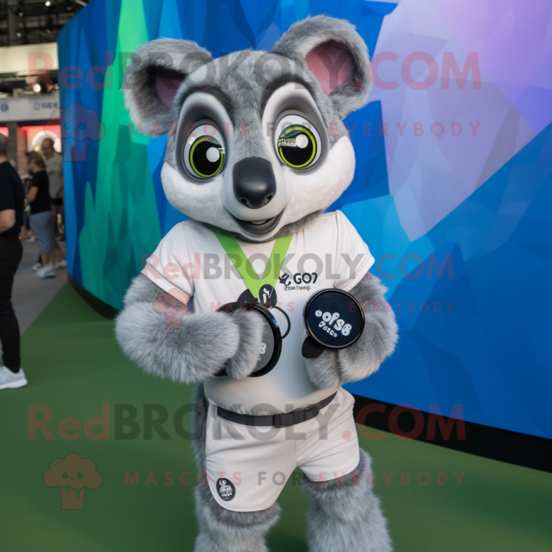 Gray Lemur mascot costume character dressed with a Polo Shirt and Smartwatches Gray Lemur mascot costume character dressed with a Polo Shirt and Smartwatches