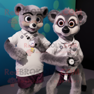 Gray Lemur mascot costume character dressed with a Polo Shirt and Smartwatches