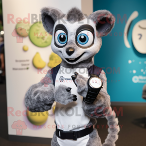 Gray Lemur mascot costume character dressed with a Polo Shirt and Smartwatches
