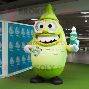 Lime Green Bottle Of Milk mascot costume character dressed with a Rugby Shirt and Reading glasses