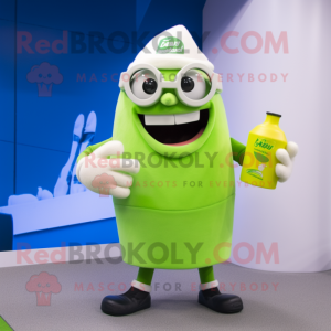 Lime Green Bottle Of Milk mascot costume character dressed with a Rugby Shirt and Reading glasses
