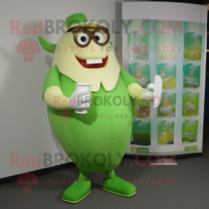 Lime Green Bottle Of Milk mascot costume character dressed with a Rugby Shirt and Reading glasses