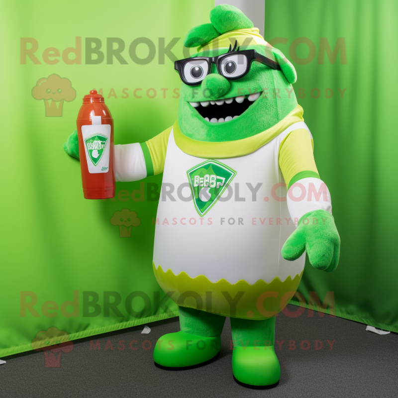 Lime Green Bottle Of Milk mascot costume character dressed with a Rugby Shirt and Reading glasses