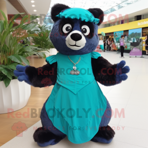 Cyan Spectacled Bear mascot costume character dressed with a Maxi Dress and Clutch bags