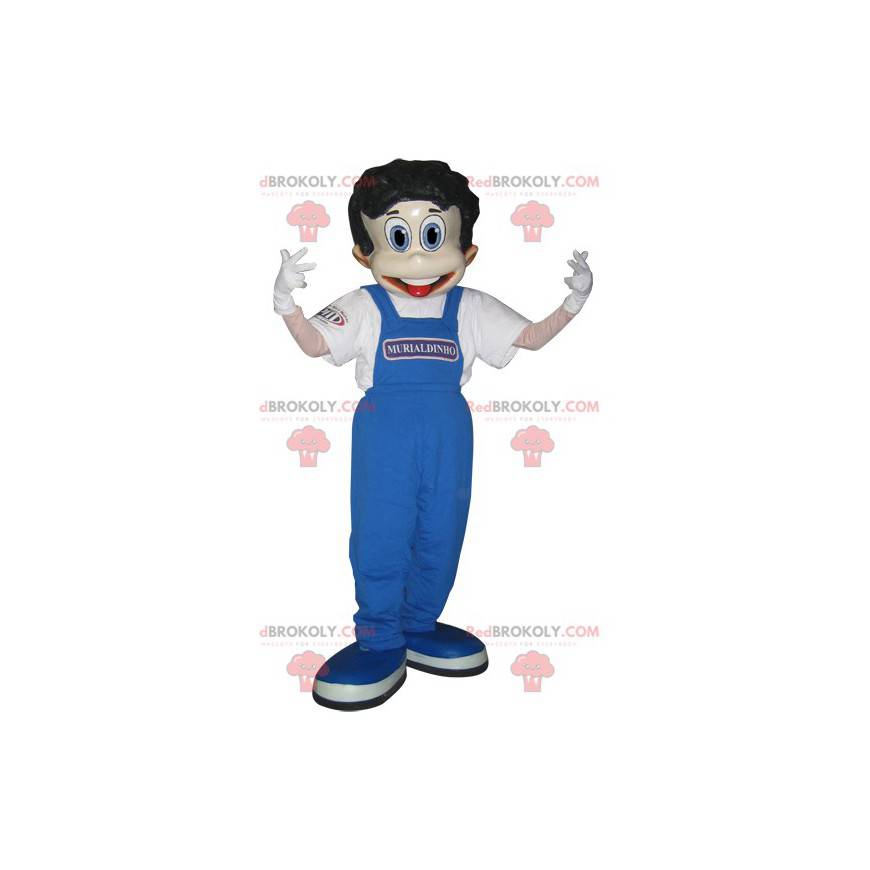 Jungenmaskottchen in blauen Overalls gekleidet - Redbrokoly.com