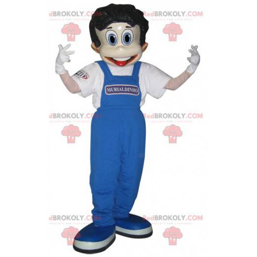 Jungenmaskottchen in blauen Overalls gekleidet - Redbrokoly.com