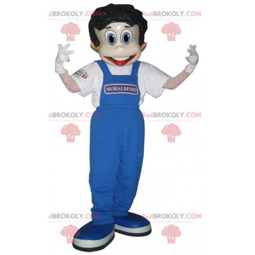 Menino mascote vestido de macacão azul - Redbrokoly.com