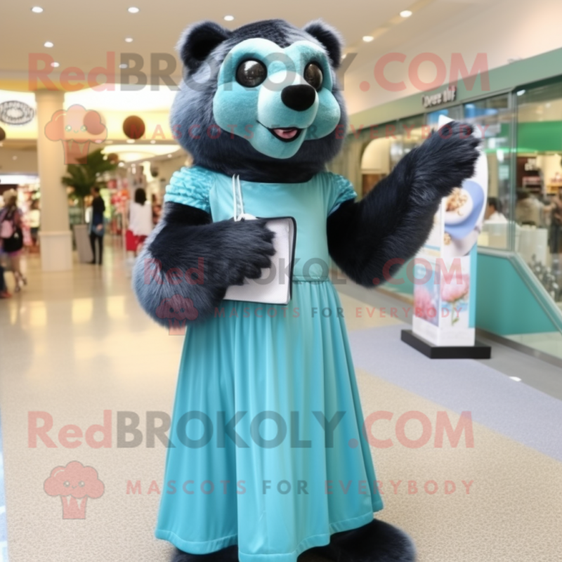 Cyan Spectacled Bear mascot costume character dressed with a Maxi Dress and Clutch bags