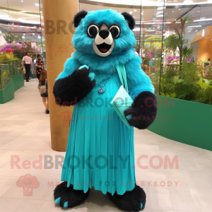 Cyan Spectacled Bear mascot costume character dressed with a Maxi Dress and Clutch bags