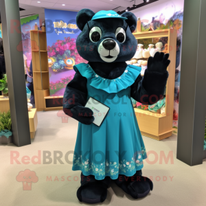 Cyan Spectacled Bear mascot costume character dressed with a Maxi Dress and Clutch bags