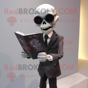 nan Skull mascot costume character dressed with a Suit Jacket and Reading glasses