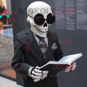 nan Skull mascot costume character dressed with a Suit Jacket and Reading glasses