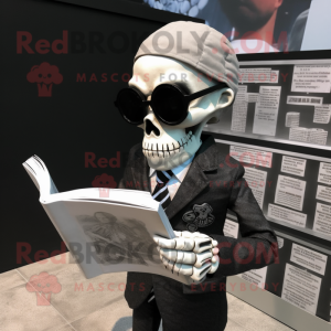 nan Skull mascot costume character dressed with a Suit Jacket and Reading glasses