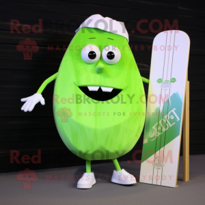 Lime Green Radish mascot costume character dressed with a Board Shorts and Watches