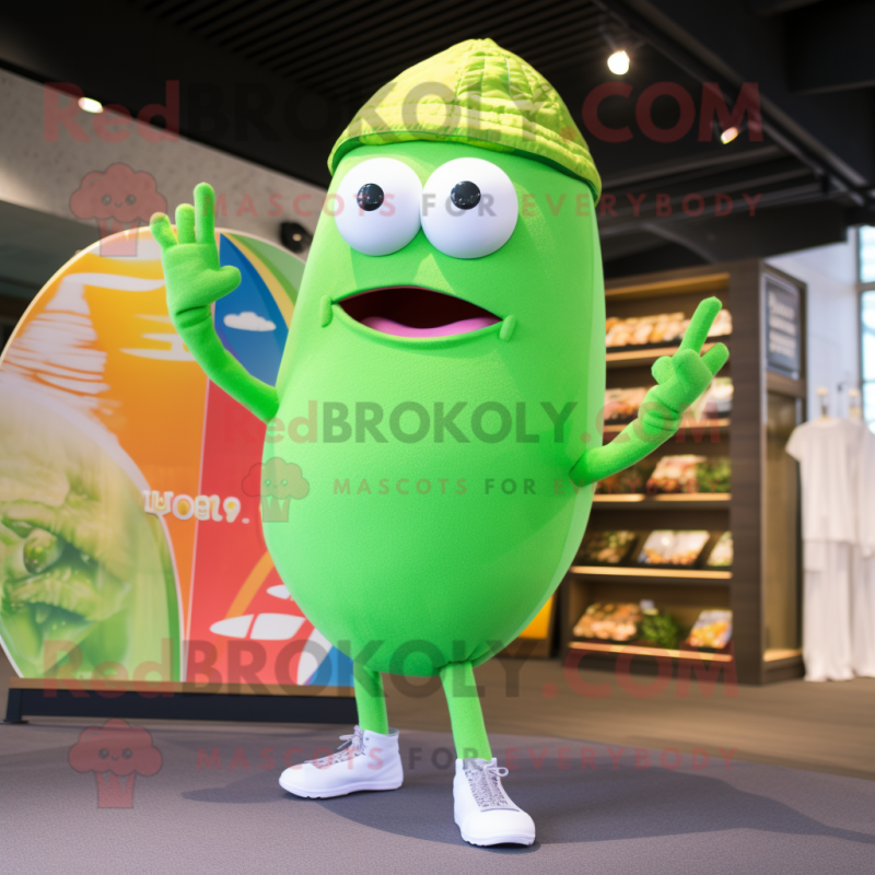 Lime Green Radish mascot costume character dressed with a Board Shorts and Watches