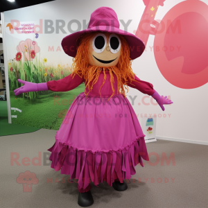 Magenta Scarecrow mascot costume character dressed with a Circle Skirt and Shoe laces