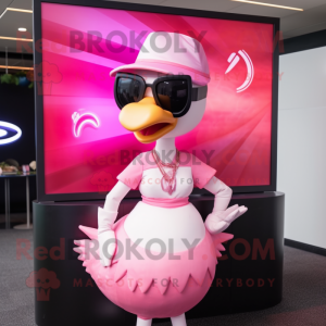 Pink Swan mascot costume character dressed with a Blouse and Sunglasses