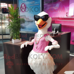Pink Swan mascot costume character dressed with a Blouse and Sunglasses