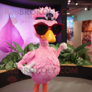 Pink Swan mascot costume character dressed with a Blouse and Sunglasses