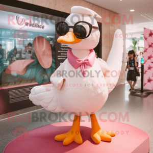 Pink Swan mascot costume character dressed with a Blouse and Sunglasses