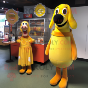 Yellow Hot Dogs mascot costume character dressed with a Cocktail Dress and Coin purses