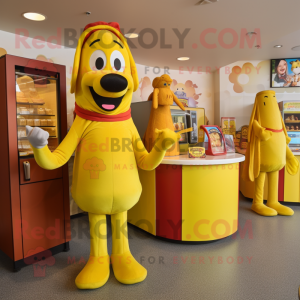 Yellow Hot Dogs mascot costume character dressed with a Cocktail Dress and Coin purses