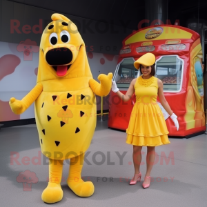 Yellow Hot Dogs mascot costume character dressed with a Cocktail Dress and Coin purses