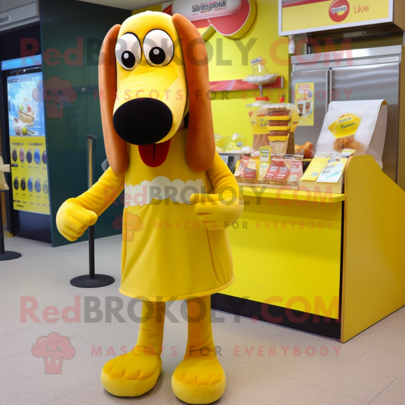Yellow Hot Dogs mascot costume character dressed with a Cocktail Dress and Coin purses Yellow Hot Dogs mascot costume character dressed with a Cocktail Dress and Coin purses