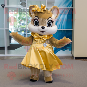 Gold Flying Squirrel mascot costume character dressed with a Circle Skirt and Bow ties