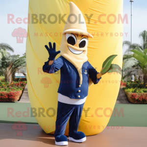 Navy Banana mascot costume character dressed with a Flare Jeans and Wraps