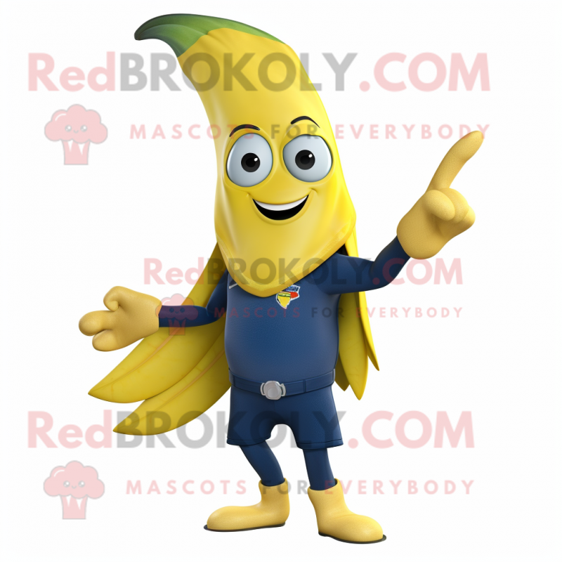 Navy Banana mascot costume character dressed with a Flare Jeans and Wraps