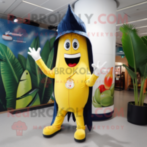 Navy Banana mascot costume character dressed with a Flare Jeans and Wraps