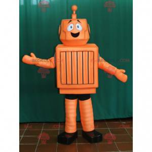 Leuke en glimlachende oranje en zwarte robotmascotte -