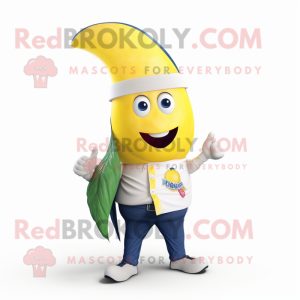 Navy Banana mascot costume character dressed with a Flare Jeans and Wraps
