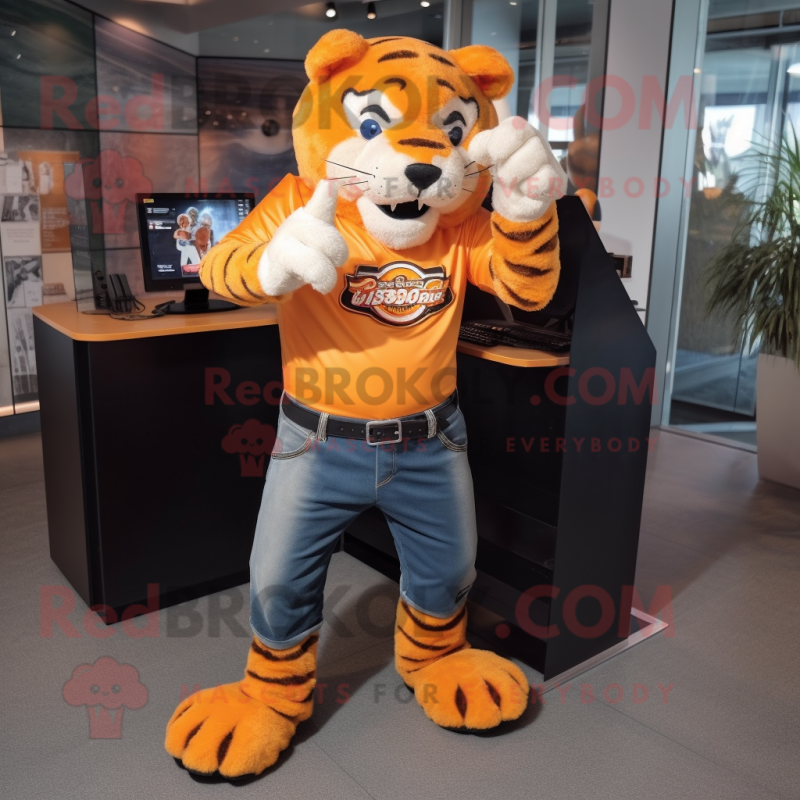 Orange Saber-Toothed Tiger mascot costume character dressed with a Flare Jeans and Watches