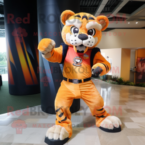 Orange Saber-Toothed Tiger mascot costume character dressed with a Flare Jeans and Watches