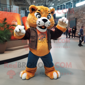 Orange Saber-Toothed Tiger mascot costume character dressed with a Flare Jeans and Watches