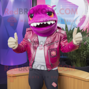 Magenta Ceviche mascot costume character dressed with a Leather Jacket and Bracelets