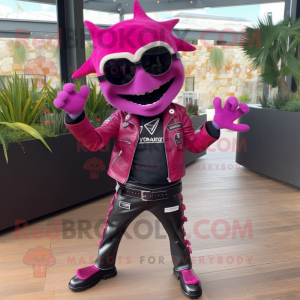 Magenta Ceviche mascot costume character dressed with a Leather Jacket and Bracelets