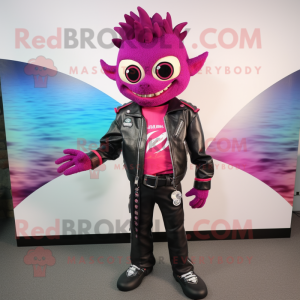 Magenta Ceviche mascot costume character dressed with a Leather Jacket and Bracelets