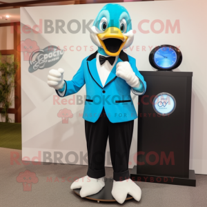 Cyan Geese mascot costume character dressed with a Tuxedo and Digital watches