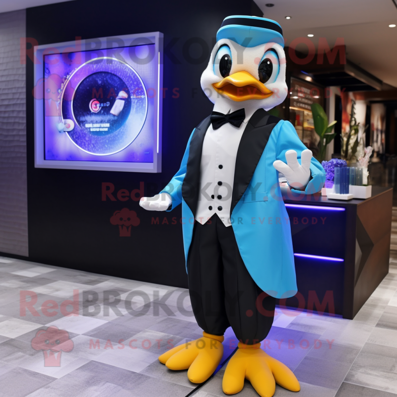 Cyan Geese mascot costume character dressed with a Tuxedo and Digital watches Cyan Geese mascot costume character dressed with a Tuxedo and Digital watches
