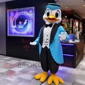 Cyan Geese mascot costume character dressed with a Tuxedo and Digital watches