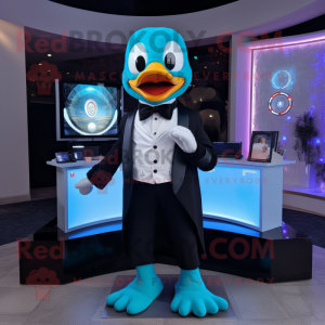 Cyan Geese mascot costume character dressed with a Tuxedo and Digital watches