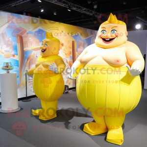 Lemon Yellow Strongman mascot costume character dressed with a Cocktail Dress and Coin purses